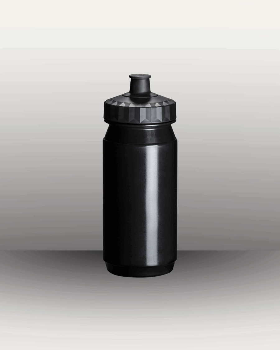 One black cycling water bottle with an empty background