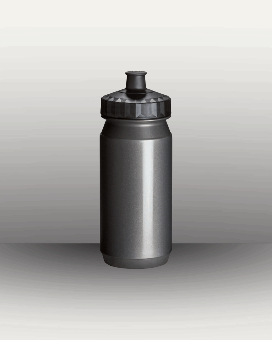One metallic grey cycling water bottle with an empty background