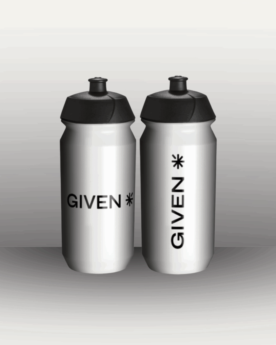 Two cycling water bottles branded GIVEN with an empty background