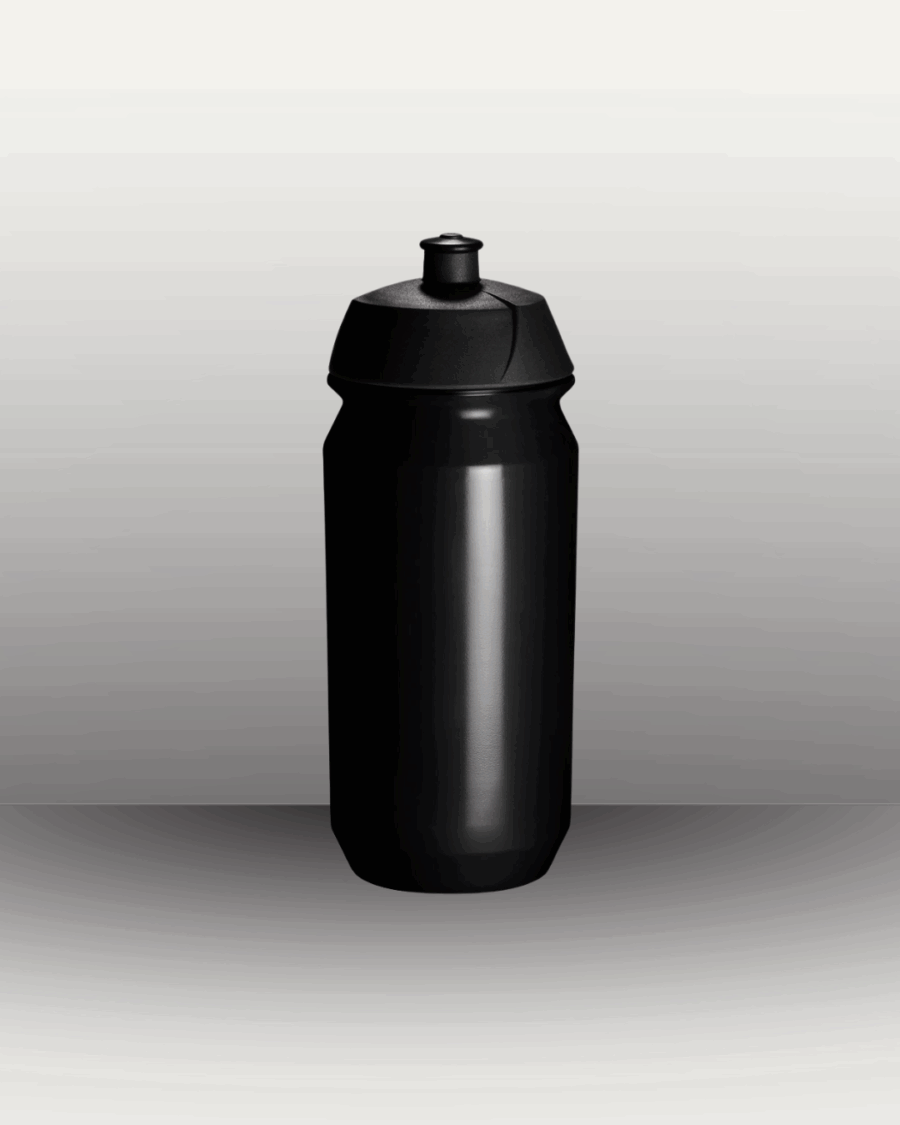 One classic black cycling water bottle with an empty background