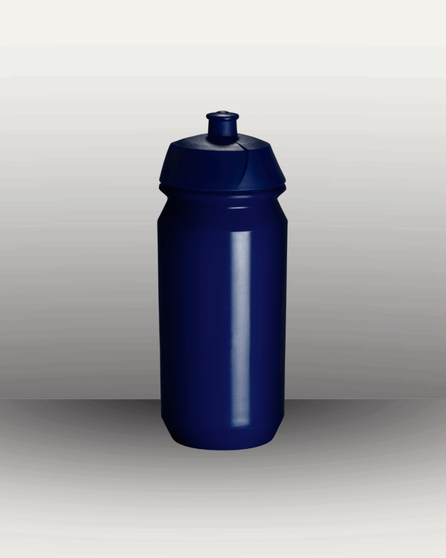 One classic dark blue cycling water bottle with an empty background