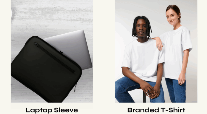 laptop sleeve and branded T-shirt
